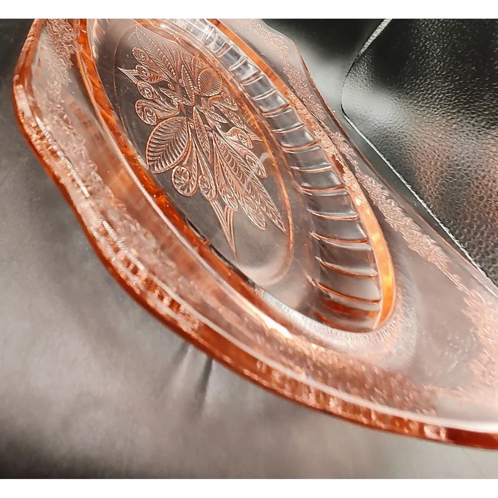 Vintage Jeanette Pink Depression Glass Curved Platter Adam Pattern 11.75